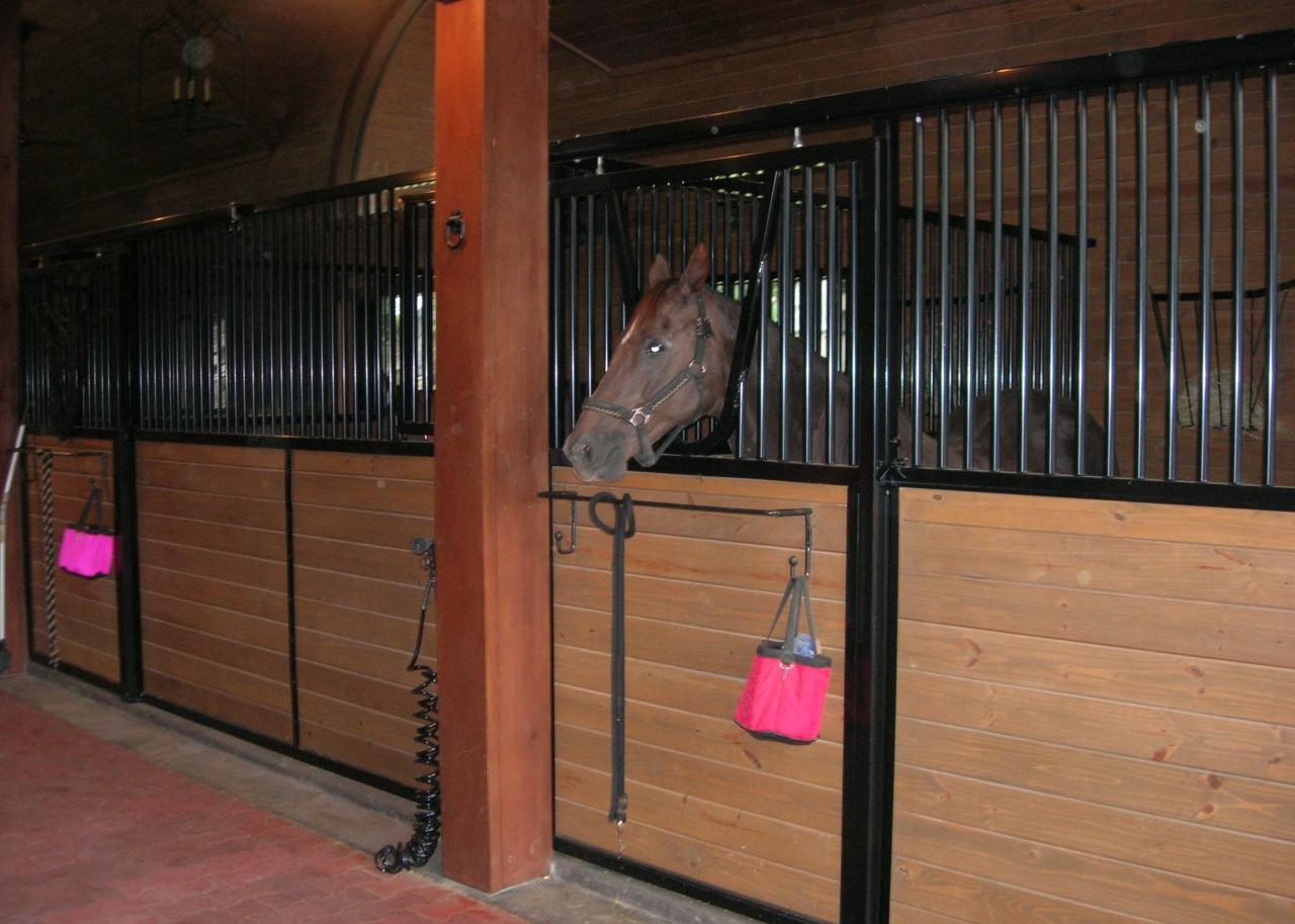 Custom wood and steel horse stalls inside Cypress Stable