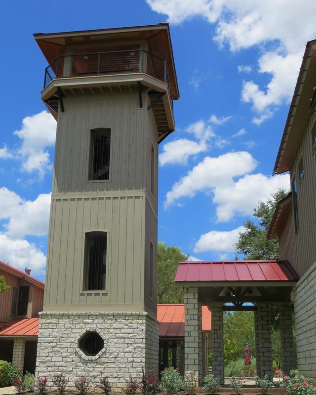 Stone observation tower at the Perma Vista custom home